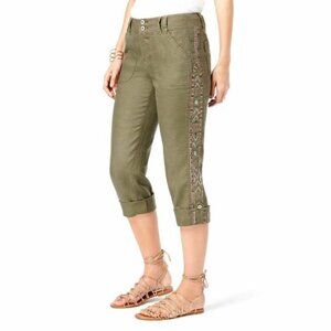INC‎ Curvy-Fit Embroidered Cropped Linen Pants Olive Womens Size 6P Petite